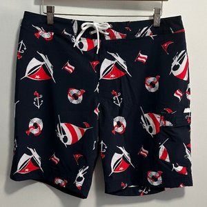 J.Crew Flex Swimwear Blue‎ Red Nautical Print Swim Trunks Sz 33
